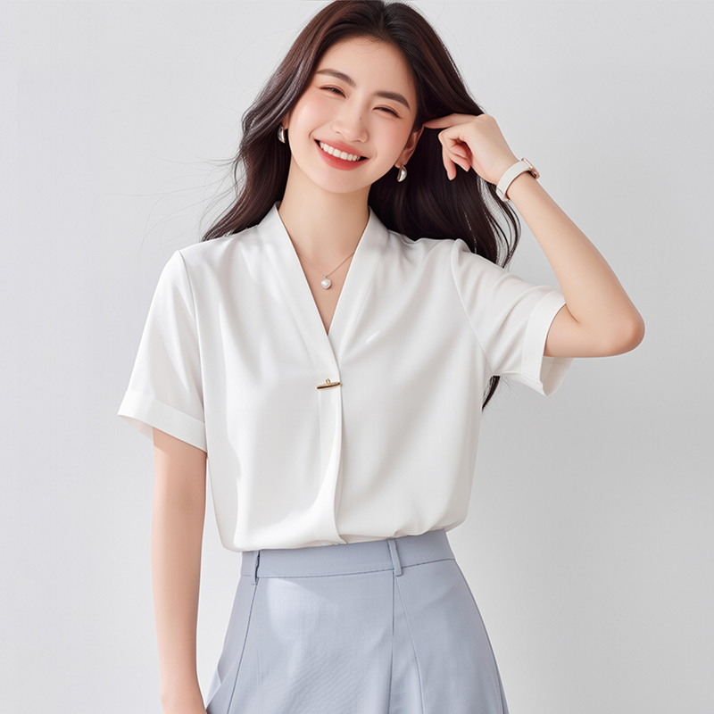 白色v領襯衫女氣質短袖2026夏季新款正裝抗皺職業打底上衣雪紡衫
