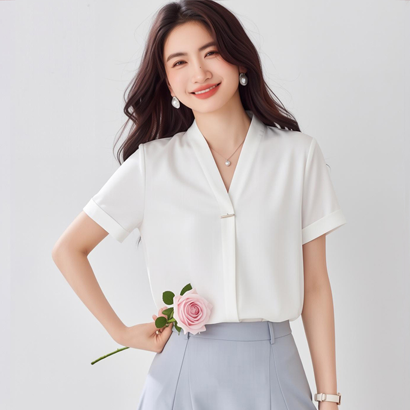 白色v領襯衫女氣質短袖2026夏季新款正裝抗皺職業打底上衣雪紡衫