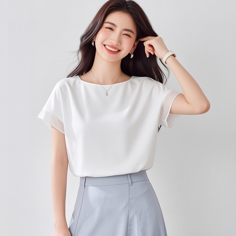 小眾時髦異材質拼接薄款短袖雪紡衫上衣女2026夏季大碼洋氣小衫