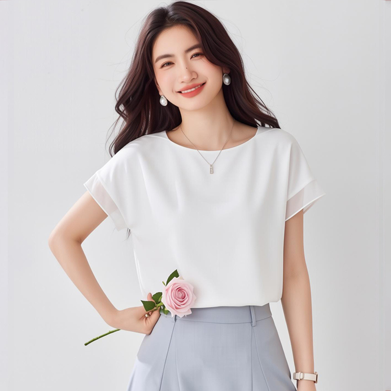 小眾時髦異材質拼接薄款短袖雪紡衫上衣女2026夏季大碼洋氣小衫