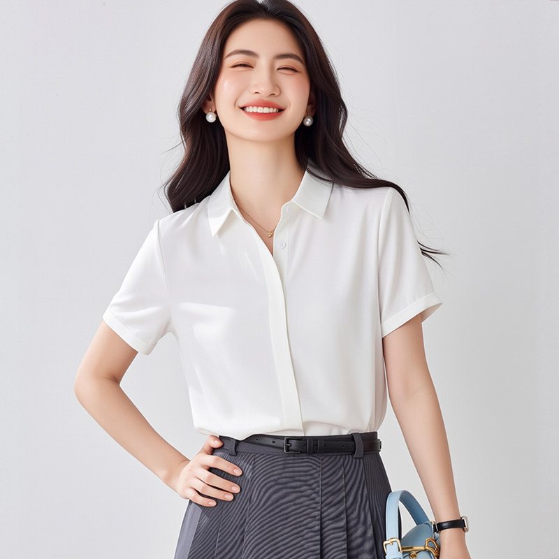2026夏季新款緞面短袖襯衫女設計感小眾輕熟職業襯衣雪紡女上衣