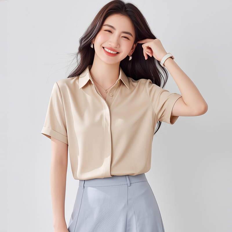 2026夏季新款緞面短袖襯衫女設計感小眾輕熟職業襯衣雪紡女上衣