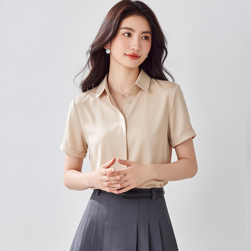 2026夏季新款緞面短袖襯衫女設計感小眾輕熟職業襯衣雪紡女上衣