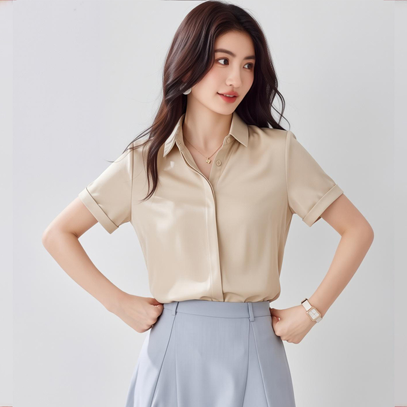 2026夏季新款緞面短袖襯衫女設計感小眾輕熟職業襯衣雪紡女上衣