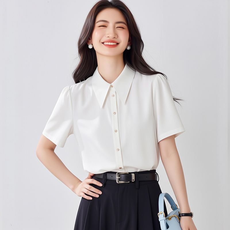 2026春夏白色尖領緞面短袖襯衫女職業通勤垂感百搭正裝港風仿真絲