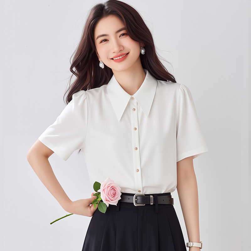 2026春夏白色尖領緞面短袖襯衫女職業通勤垂感百搭正裝港風仿真絲