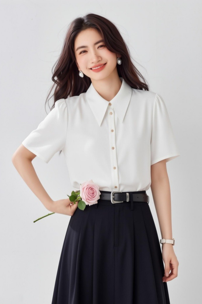 2026春夏白色尖領緞面短袖襯衫女職業通勤垂感百搭正裝港風仿真絲