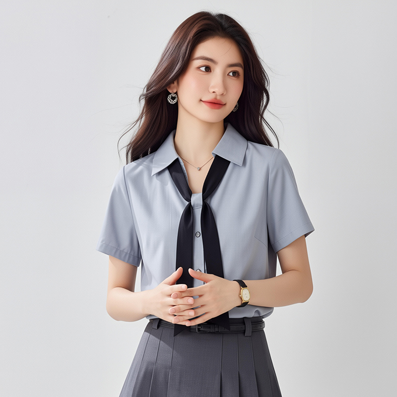 灰色法式2026年夏新款v領短袖襯衫女高級通勤職場職業設計感上衣