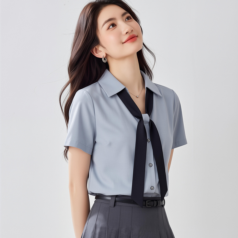 灰色法式2026年夏新款v領短袖襯衫女高級通勤職場職業設計感上衣