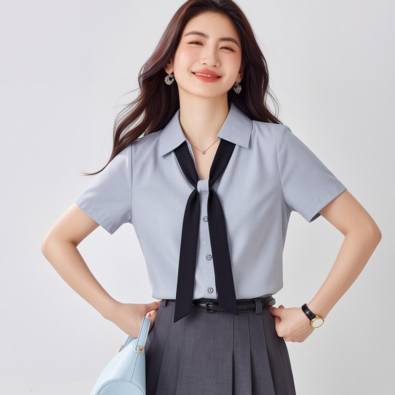 灰色法式2026年夏新款v領短袖襯衫女高級通勤職場職業設計感上衣