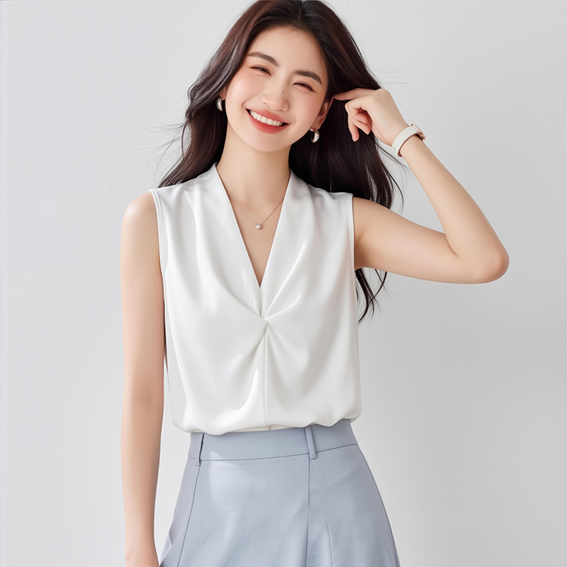 8色無袖緞面上衣女25夏裝新款交叉v領寬松洋氣顯瘦韓版雪紡衫