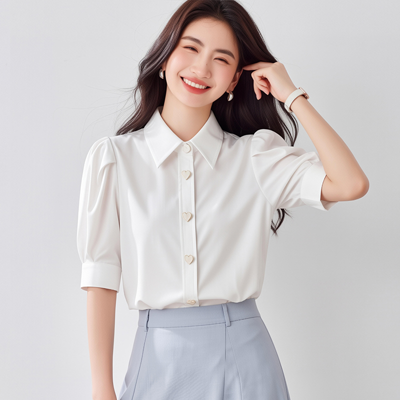 白色泡泡袖棉襯衫女短袖夏新款 甜美復古上衣 彈力透氣燈籠袖襯衣