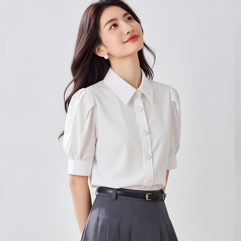白色泡泡袖棉襯衫女短袖夏新款 甜美復古上衣 彈力透氣燈籠袖襯衣