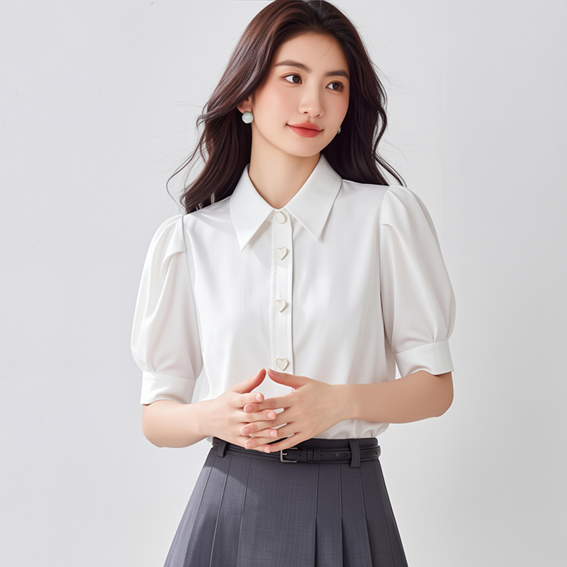 白色泡泡袖棉襯衫女短袖夏新款 甜美復古上衣 彈力透氣燈籠袖襯衣