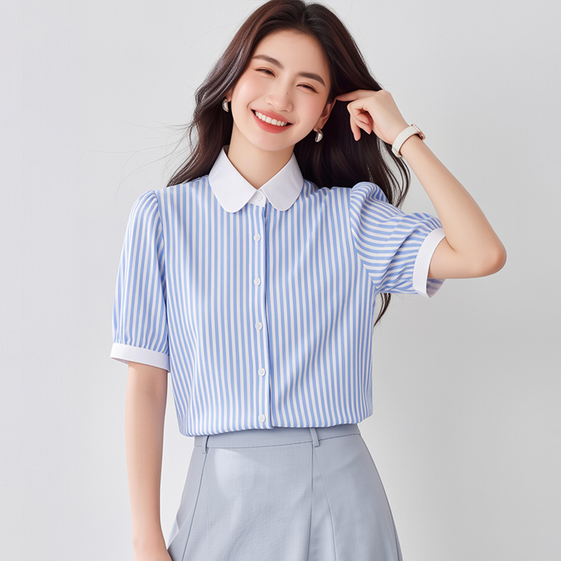 藍色短袖豎條紋襯衫女夏季 泡泡袖 高級感時尚OL法式氣質優雅復古