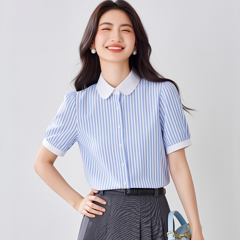 藍色短袖豎條紋襯衫女夏季 泡泡袖 高級感時尚OL法式氣質優雅復古