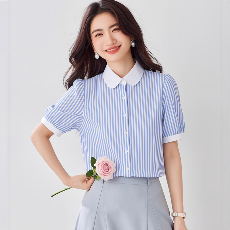 藍色短袖豎條紋襯衫女夏季 泡泡袖 高級感時尚OL法式氣質優雅復古