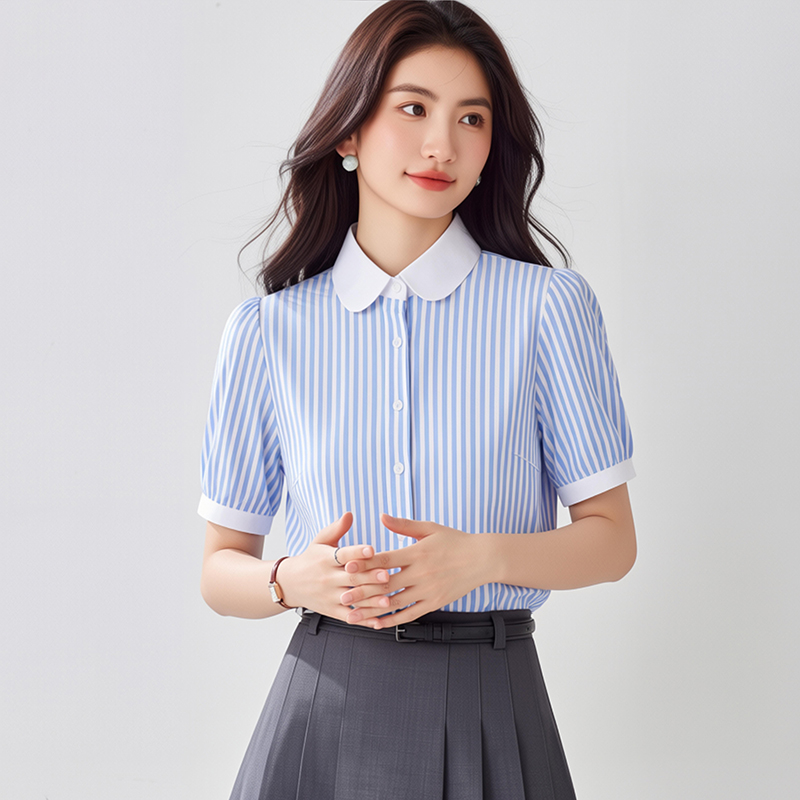 藍色短袖豎條紋襯衫女夏季 泡泡袖 高級感時尚OL法式氣質優雅復古