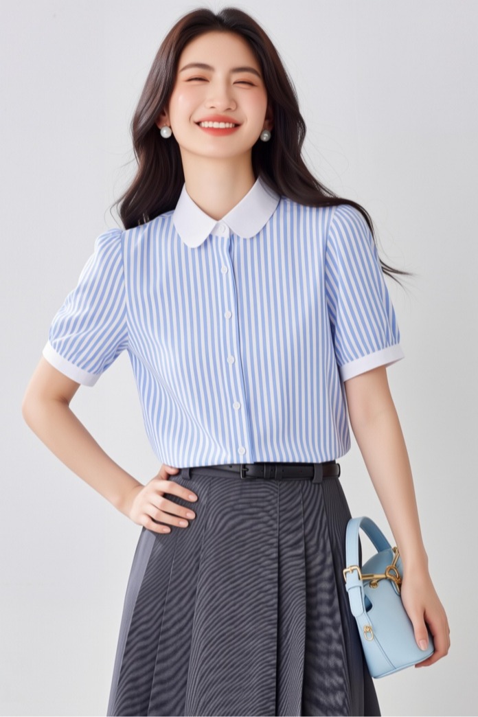 藍色短袖豎條紋襯衫女夏季 泡泡袖 高級感時尚OL法式氣質優雅復古