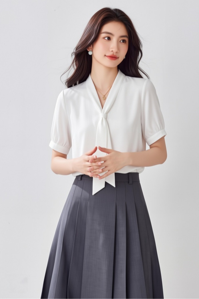 氣質飄帶短袖襯衫女夏季雪紡上衣2026新款高級感白色襯衣