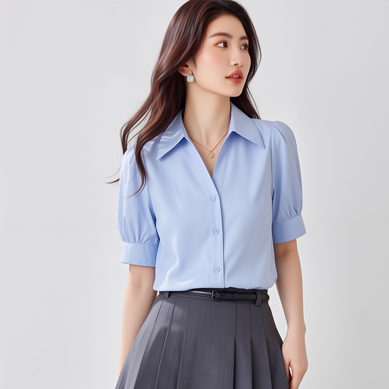 實拍 藍色短袖襯衫女夏款V領設計感小眾小個子職業通勤面試襯衣