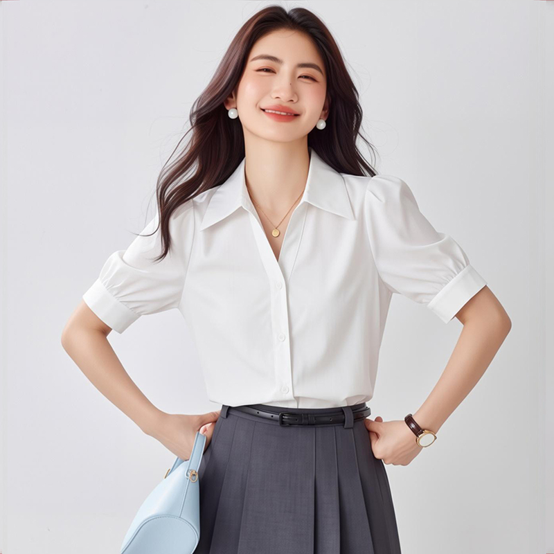 實拍 藍色短袖襯衫女夏款V領設計感小眾小個子職業通勤面試襯衣