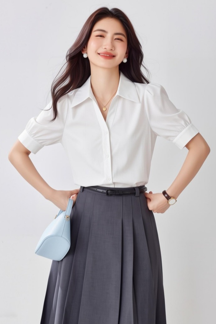 實拍 藍色短袖襯衫女夏款V領設計感小眾小個子職業通勤面試襯衣