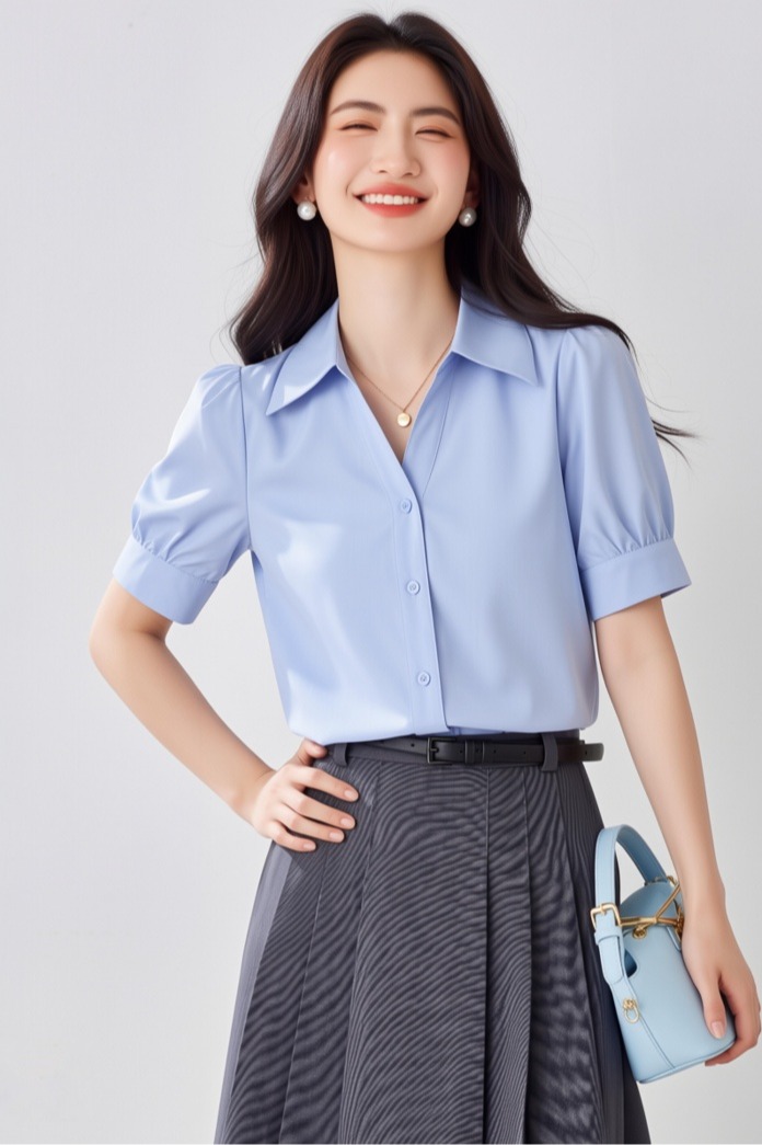 實拍 藍色短袖襯衫女夏款V領設計感小眾小個子職業通勤面試襯衣