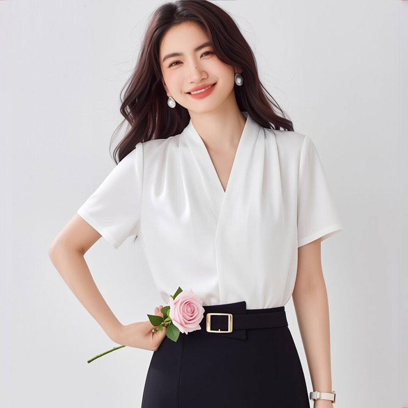 雪紡短袖白襯衫女夏季薄款2026西裝內搭面試職業正裝V領襯衣上衣