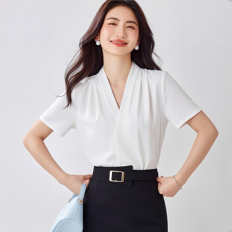 雪紡短袖白襯衫女夏季薄款2026西裝內搭面試職業正裝V領襯衣上衣