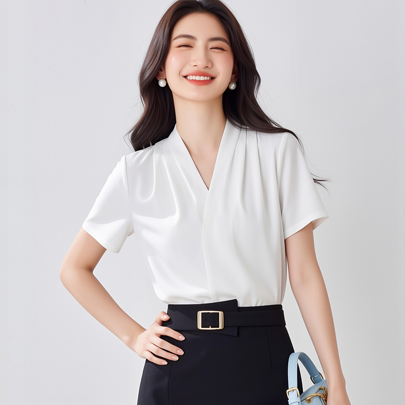 雪紡短袖白襯衫女夏季薄款2026西裝內搭面試職業正裝V領襯衣上衣