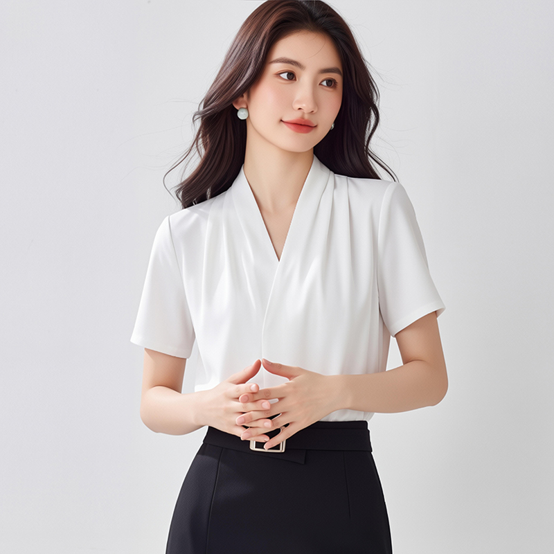 雪紡短袖白襯衫女夏季薄款2026西裝內搭面試職業正裝V領襯衣上衣