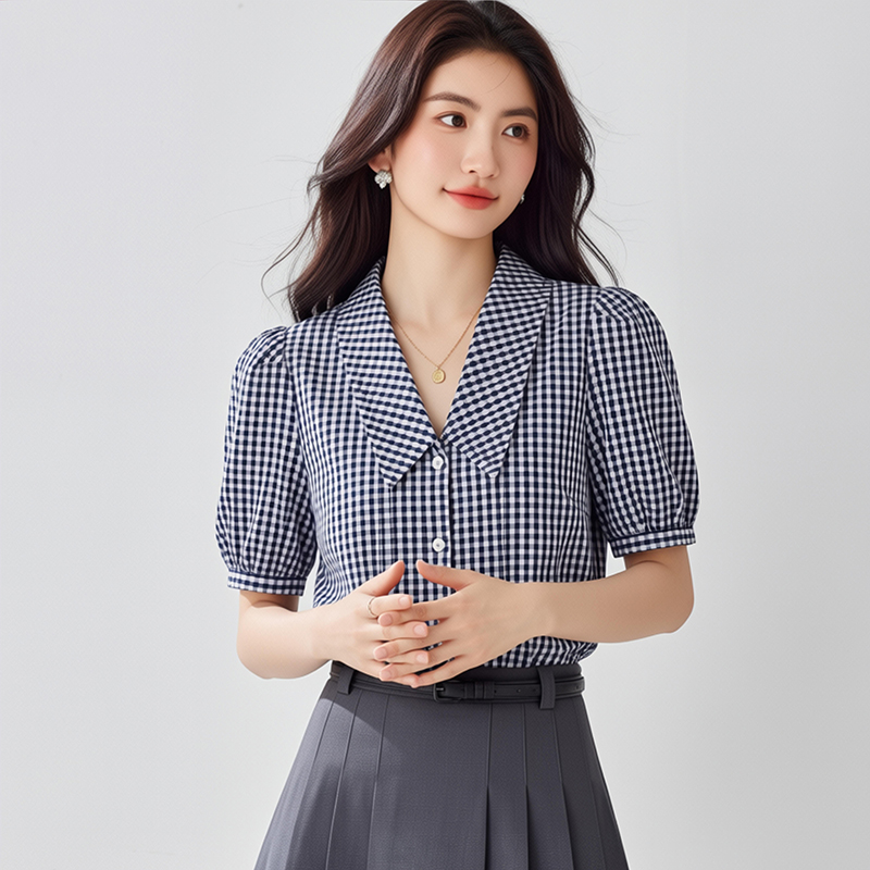 漂亮格子襯衫女夏2026年新款洋氣減齡遮肚子娃娃領襯衣女上衣別致