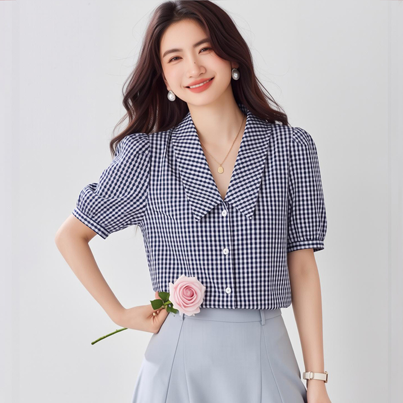 漂亮格子襯衫女夏2026年新款洋氣減齡遮肚子娃娃領襯衣女上衣別致