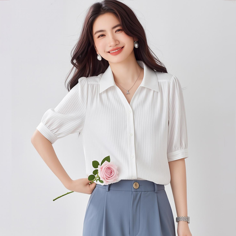2026夏季新款垂感白色中袖襯衫女輕薄修身顯瘦OL別致女上衣短袖