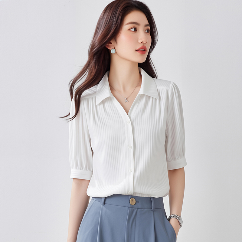 2026夏季新款垂感白色中袖襯衫女輕薄修身顯瘦OL別致女上衣短袖