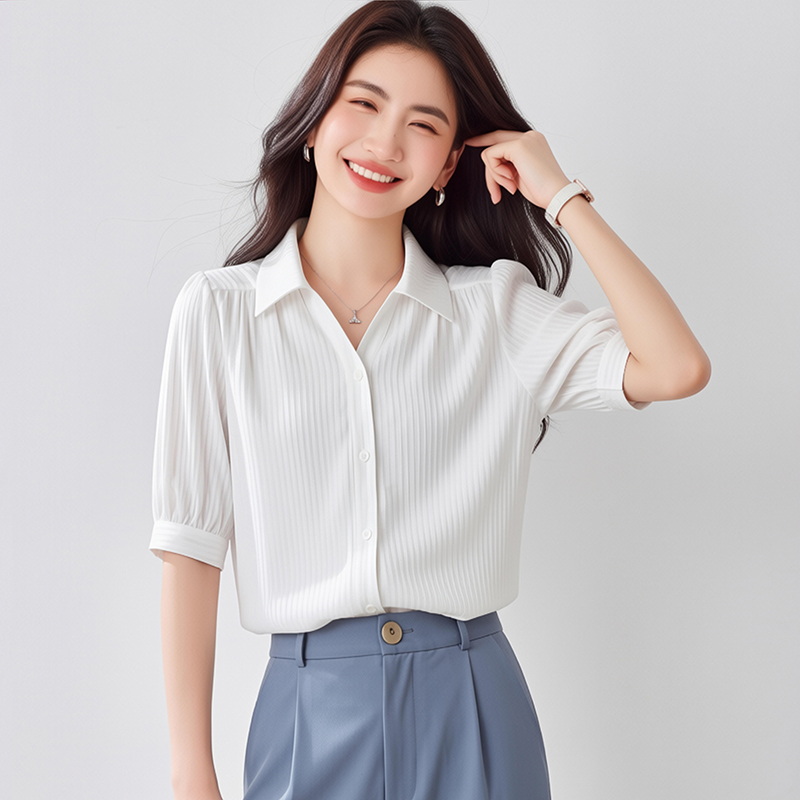 2026夏季新款垂感白色中袖襯衫女輕薄修身顯瘦OL別致女上衣短袖