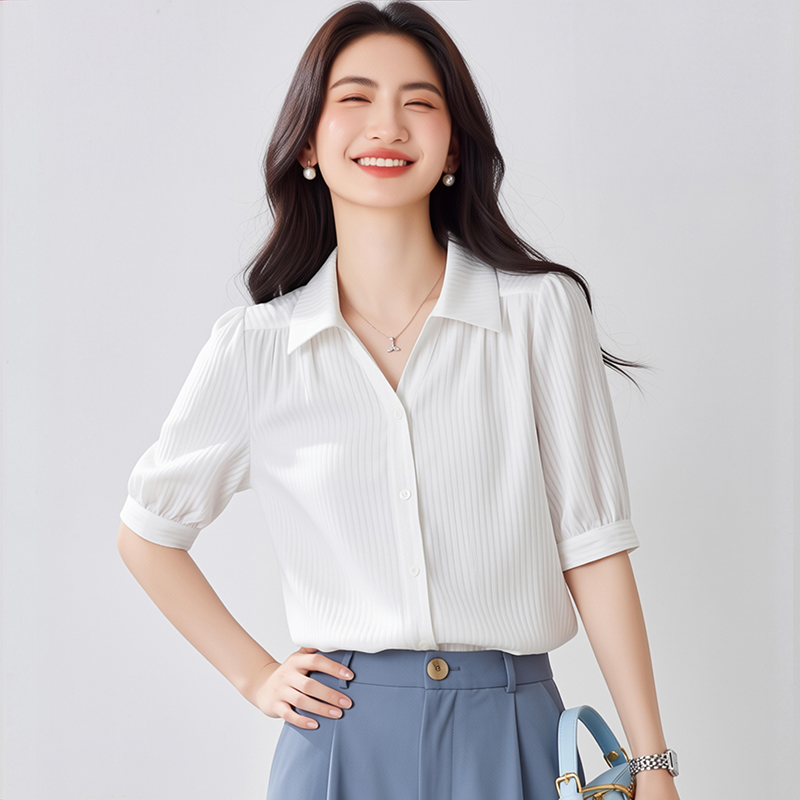 2026夏季新款垂感白色中袖襯衫女輕薄修身顯瘦OL別致女上衣短袖