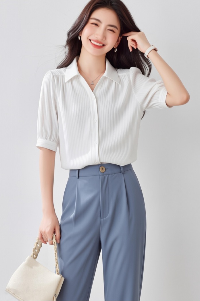2026夏季新款垂感白色中袖襯衫女輕薄修身顯瘦OL別致女上衣短袖