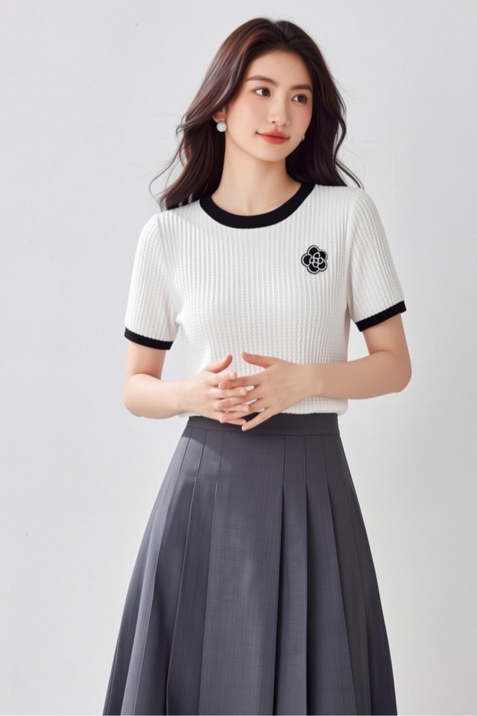 輕奢小香風2026夏新款山茶花釘珠裝飾薄款冰絲針織上衣短袖T恤女