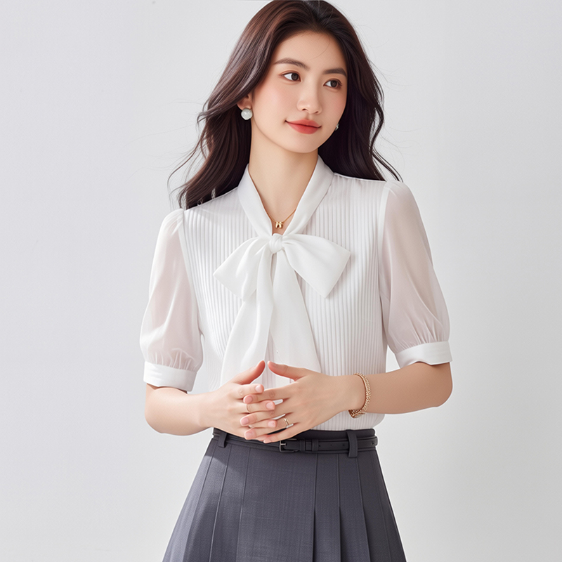 2026夏季新品短袖襯衫女白色淑女修身中袖飄帶蝴蝶結領OL洋氣襯衣