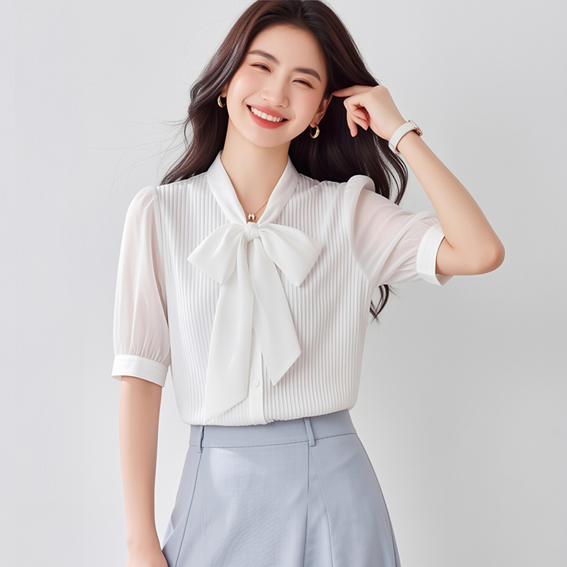 2026夏季新品短袖襯衫女白色淑女修身中袖飄帶蝴蝶結領OL洋氣襯衣