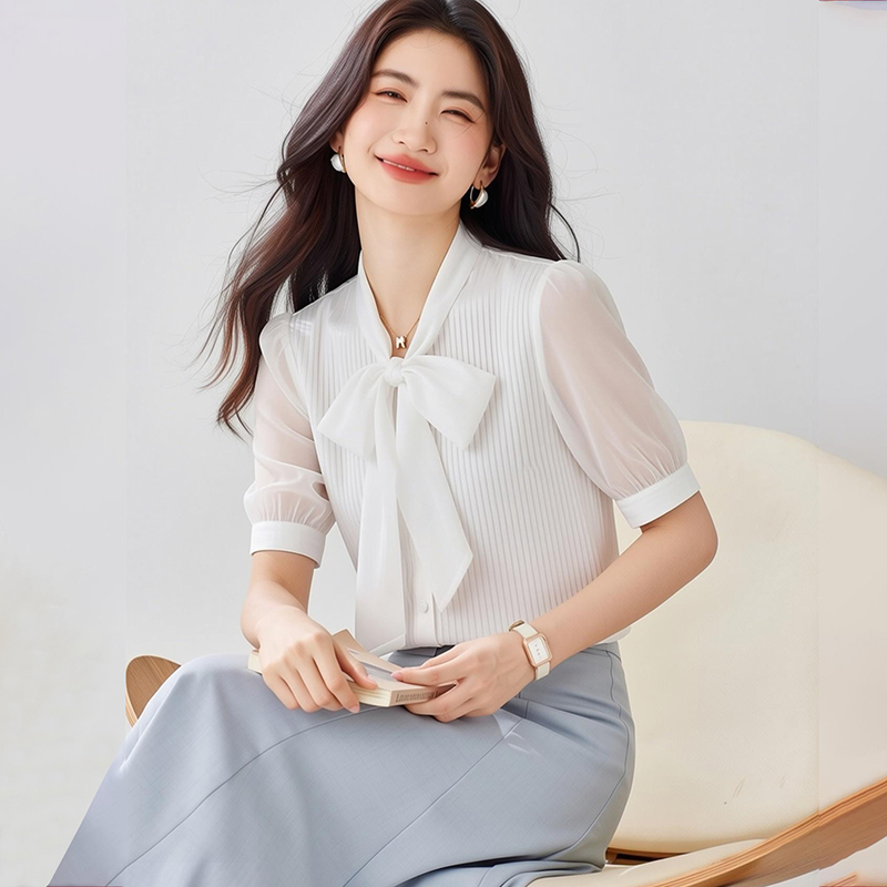 2026夏季新品短袖襯衫女白色淑女修身中袖飄帶蝴蝶結領OL洋氣襯衣