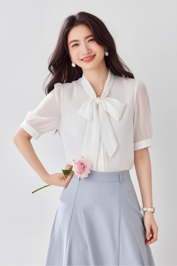 2026夏季新品短袖襯衫女白色淑女修身中袖飄帶蝴蝶結領OL洋氣襯衣