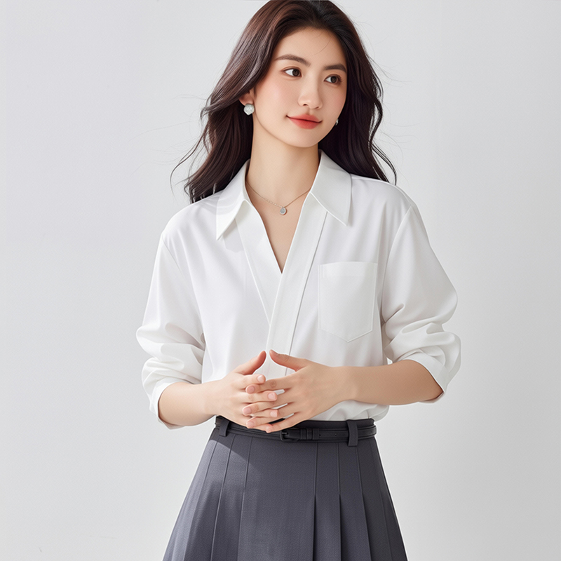 2026新款白色設計感V領襯衫女夏季面試穿搭短袖上衣小個子襯衣