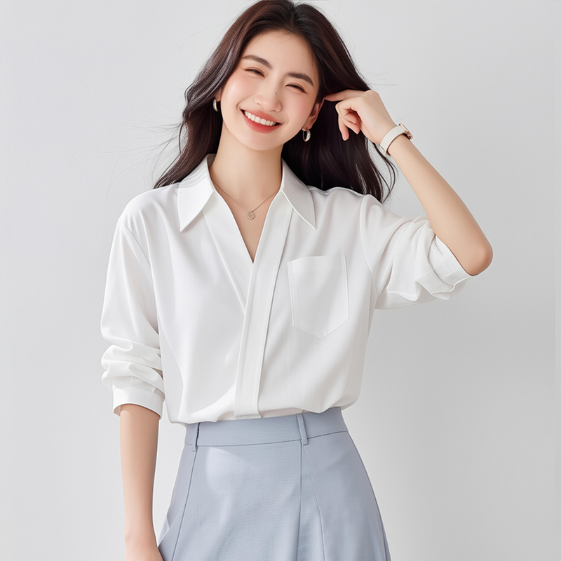 2026新款白色設計感V領襯衫女夏季面試穿搭短袖上衣小個子襯衣