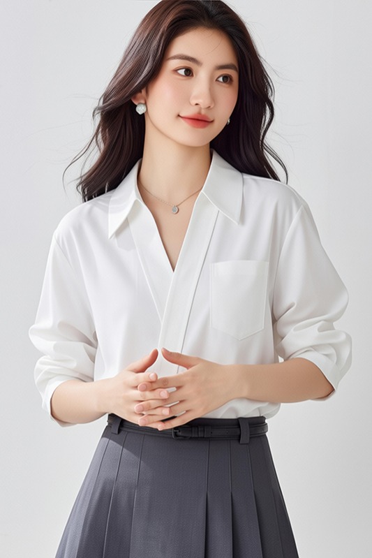 2026新款白色設計感V領襯衫女夏季面試穿搭短袖上衣小個子襯衣