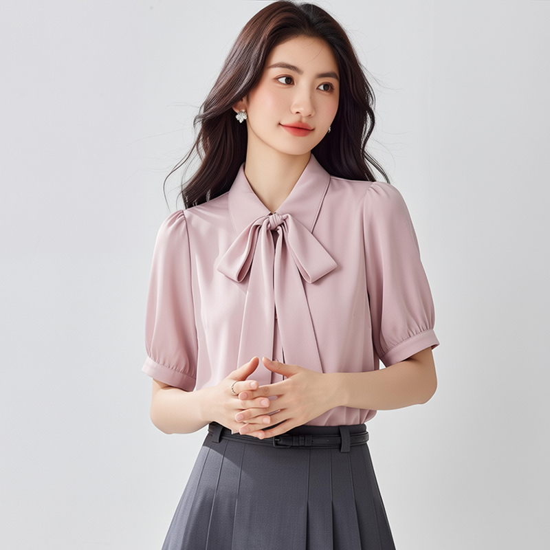 白色飄帶雪紡短袖襯衫女夏薄款韓系溫柔甜美洋氣垂感小眾港風襯衣
