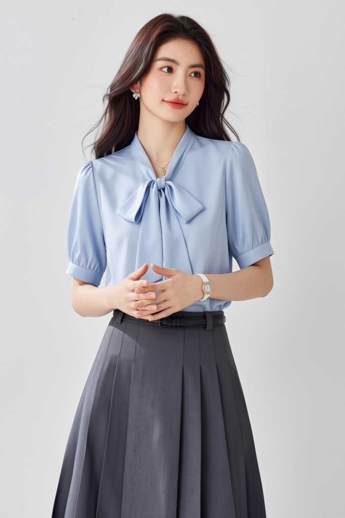 白色緞面飄帶襯衫女短袖夏季設計感小眾港風通勤職業上衣百搭系帶