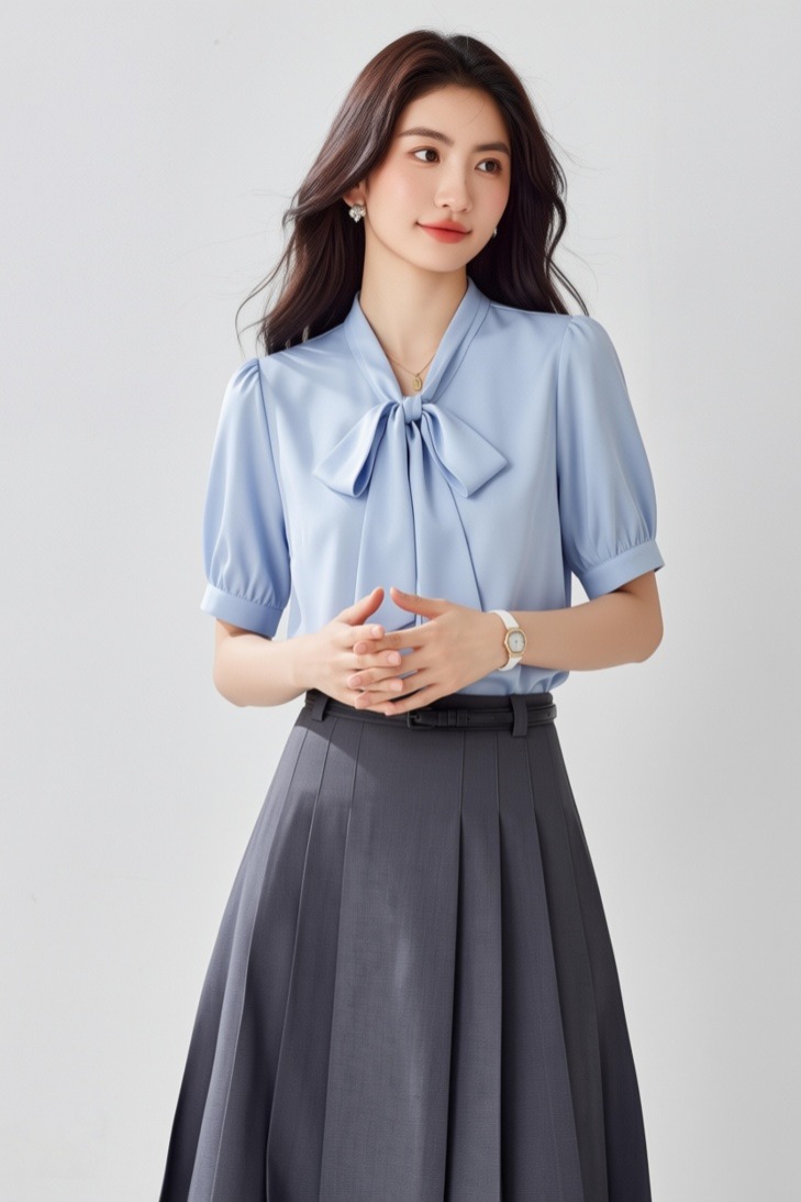 白色緞面飄帶襯衫女短袖夏季設計感小眾港風通勤職業上衣百搭系帶